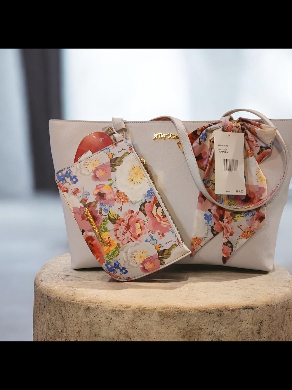 Betsey Johnson White Tote with Floral Scarf and Matching Pouch